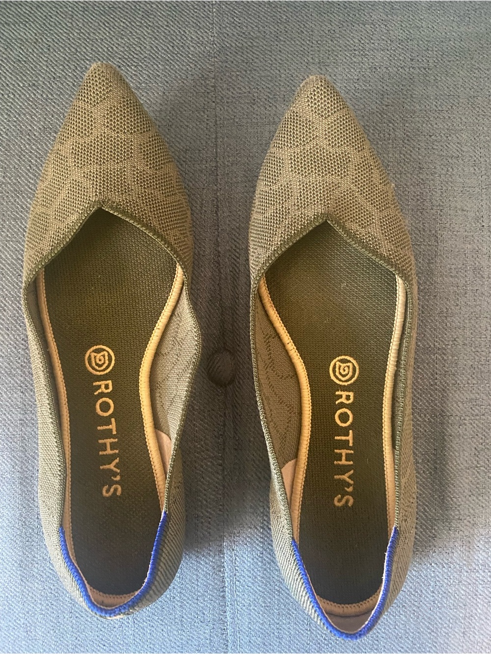 Rothy's Olive Green Camo Print Pointed-Toe Knit Flats with Blue Trim